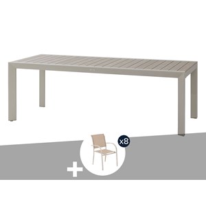 Table de jardin rectangulaire alu evasion 8 places effet bois lin argile + 8 fau
