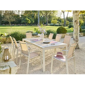 Table de jardin rectangulaire alu evasion 8 places effet bois lin argile + 8 fau