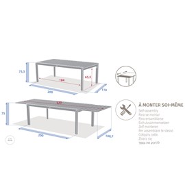 Table de jardin rectangulaire extensible rallonge coulissante alu evasion effet