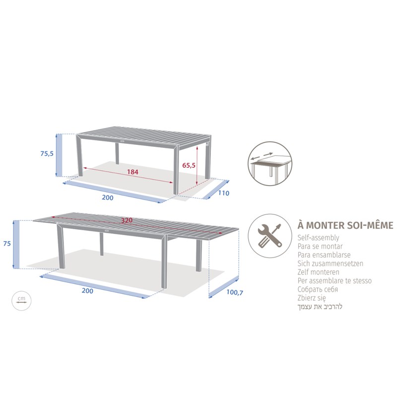 Table de jardin rectangulaire extensible rallonge coulissante alu evasion effet