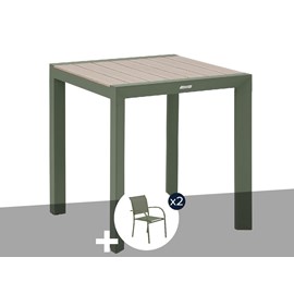Table de jardin carrée alu evasion 2 places effet bois lin et laurier + 2 fauteu