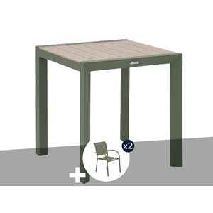 Table de jardin carrée alu evasion 2 places effet bois lin et laurier + 2 fauteu