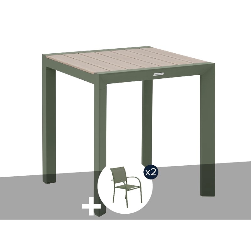 Hespéride - Table de jardin carrée alu evasion 2 places effet bois lin et laurier + 2 fauteu