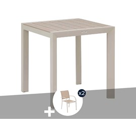 Table de jardin carrée alu evasion 2 places effet bois lin et argile + 2 fauteui