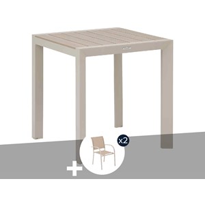 Table de jardin carrée alu evasion 2 places effet bois lin et argile + 2 fauteui
