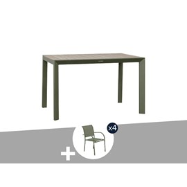 Table de jardin rectangulaire alu evasion 4 places effet bois lin et laurier + 4