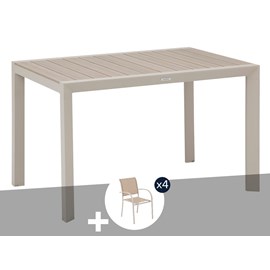 Table de jardin rectangulaire alu evasion 4 places effet bois lin et argile + 4