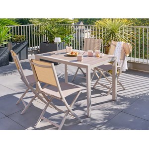 Table de jardin rectangulaire alu evasion 4 places effet bois lin et argile + 4