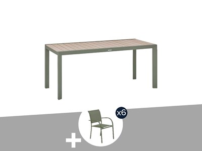 Table de jardin rectangulaire alu evasion 6 places effet bois lin et laurier + 6