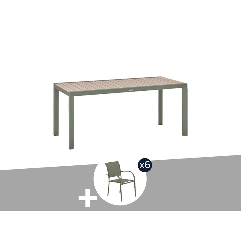 Table de jardin rectangulaire alu evasion 6 places effet bois lin et laurier + 6