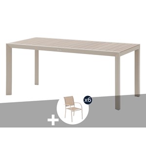 Table de jardin rectangulaire alu evasion 6 places effet bois lin et argile + 6
