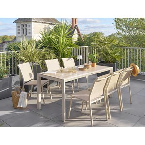 Table de jardin rectangulaire alu evasion 6 places effet bois lin et argile + 6