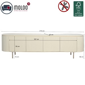 Cream-meuble tv 210 cm en bois massif ivoire