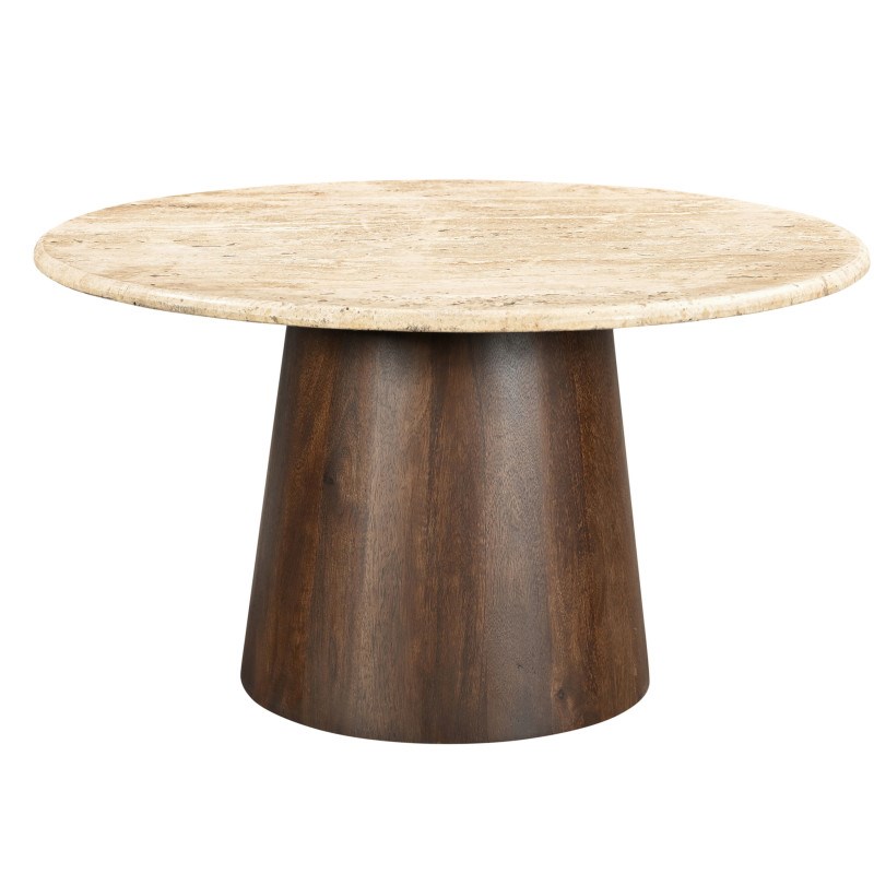 Stone-table à manger ronde 4 personnes d130 cm travertin et bois brun