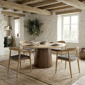 Stone-table à manger ronde 4 personnes d130 cm travertin et bois brun