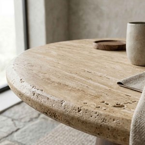 Stone-table à manger ronde 4 personnes d130 cm travertin et bois brun