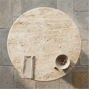 Stone-table à manger ronde 4 personnes d130 cm travertin et bois brun