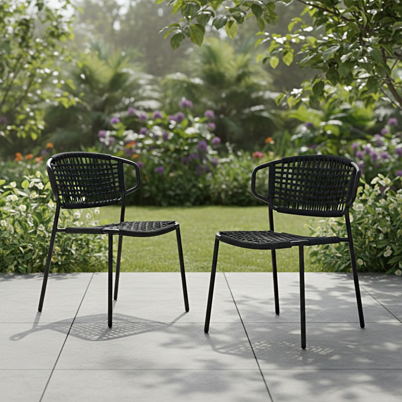 Chaises en métal et corde noir, flores (lot de 2)