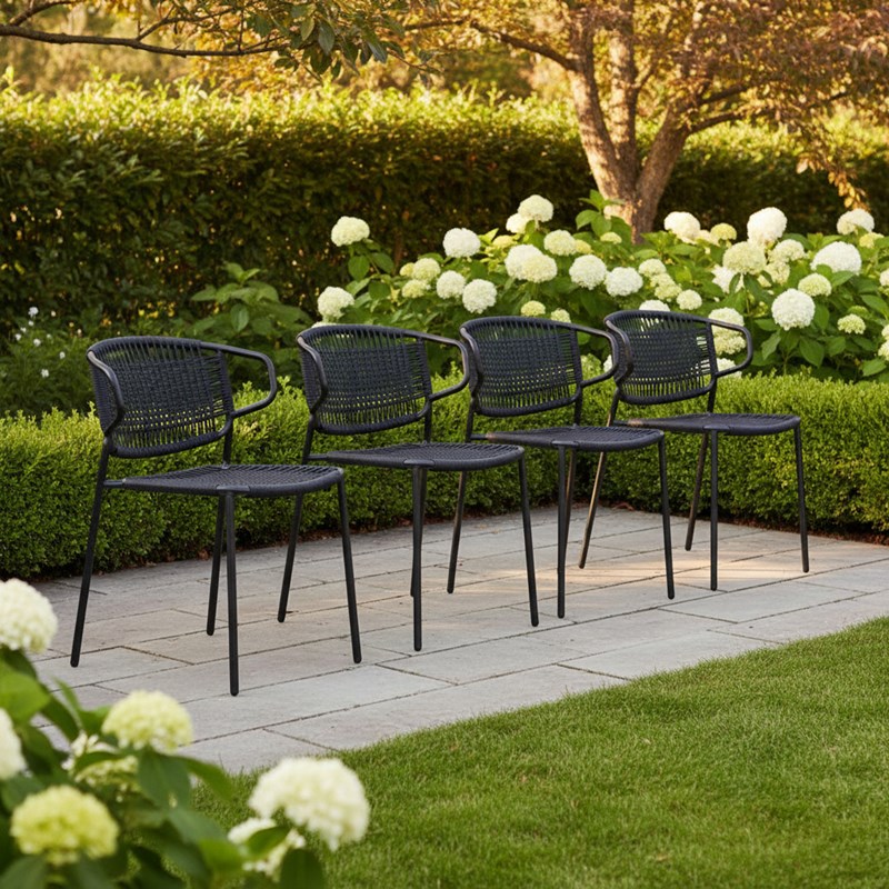 Chaise en métal et corde noir, flores (lot de 4)