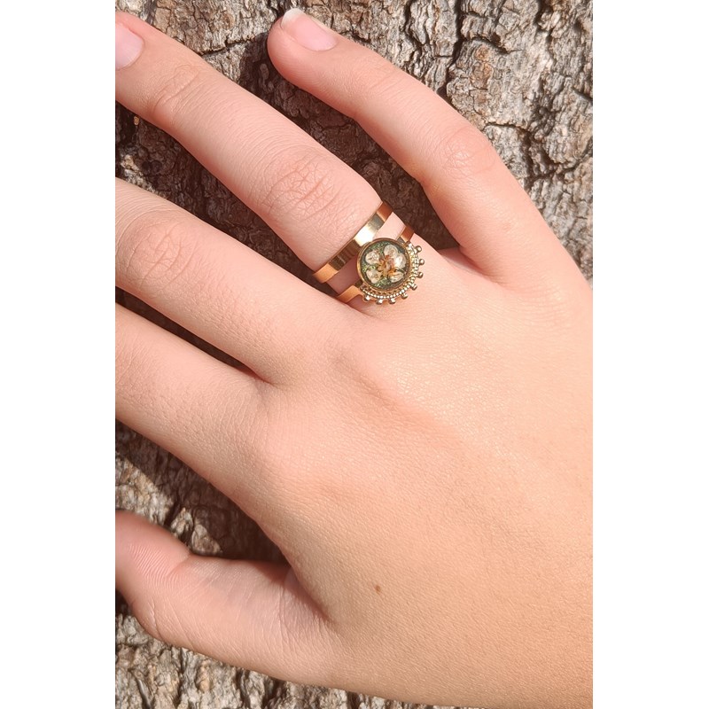 Bague selma en acier inoxydable et véritable fleur de photinia