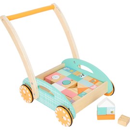 Chariot de marche en bois pastel pour bébé avec blocs
