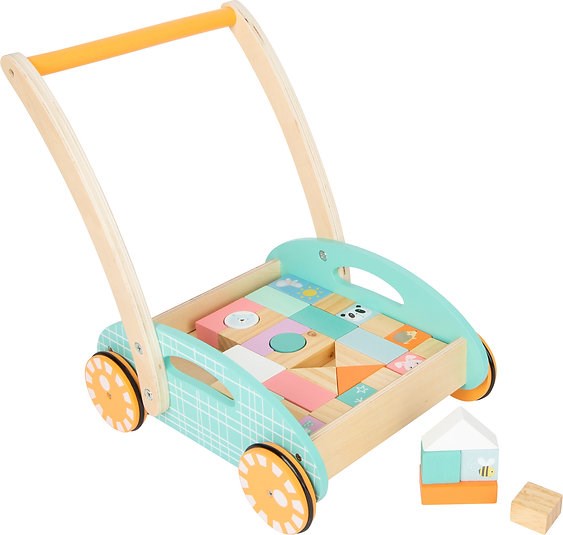 Chariot de marche en bois pastel pour bébé avec blocs