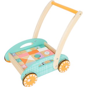 Chariot de marche en bois pastel pour bébé avec blocs