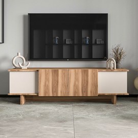 Brona meuble tv design avec placards aspect bois et beige 180cm
