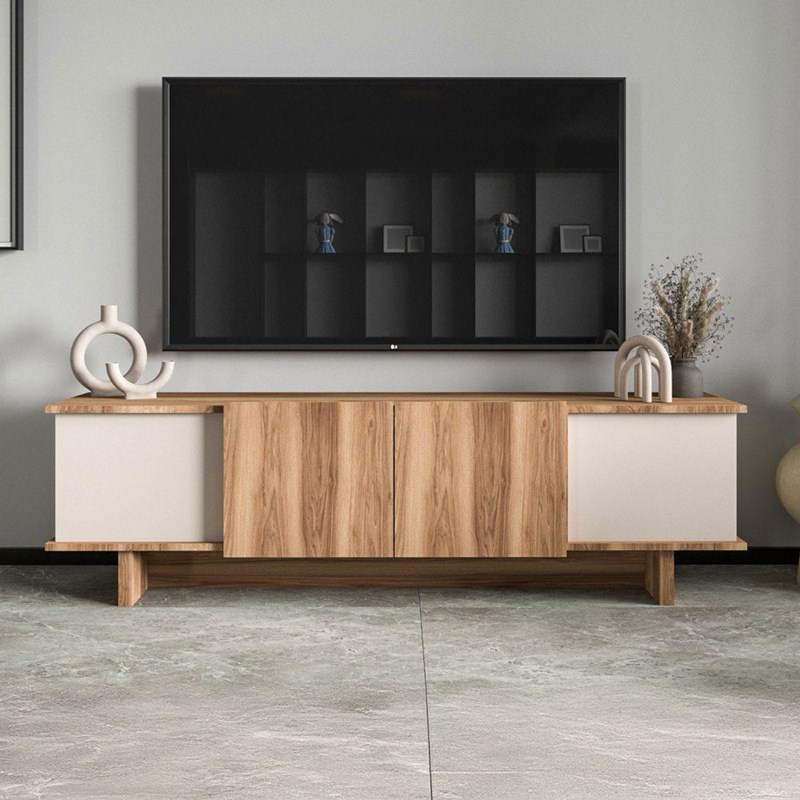 Brona meuble tv design avec placards aspect bois et beige 180cm