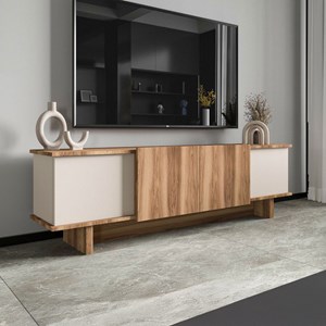 Brona meuble tv design avec placards aspect bois et beige 180cm
