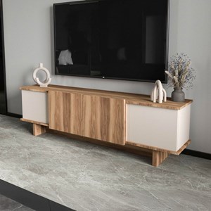 Brona meuble tv design avec placards aspect bois et beige 180cm