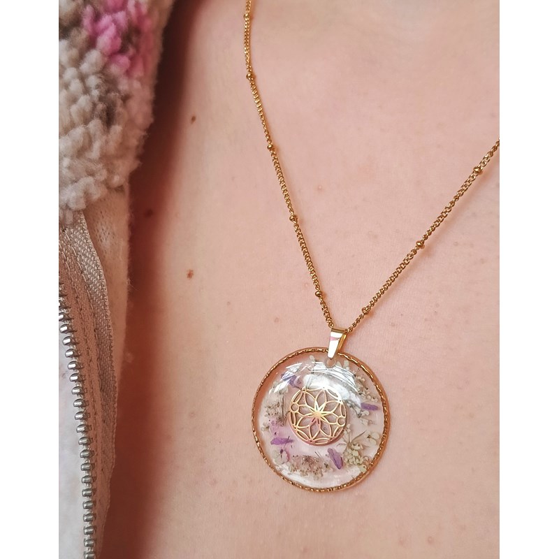 Collier fleurs sauvages en acier inoxydable et véritables fleurs séchées