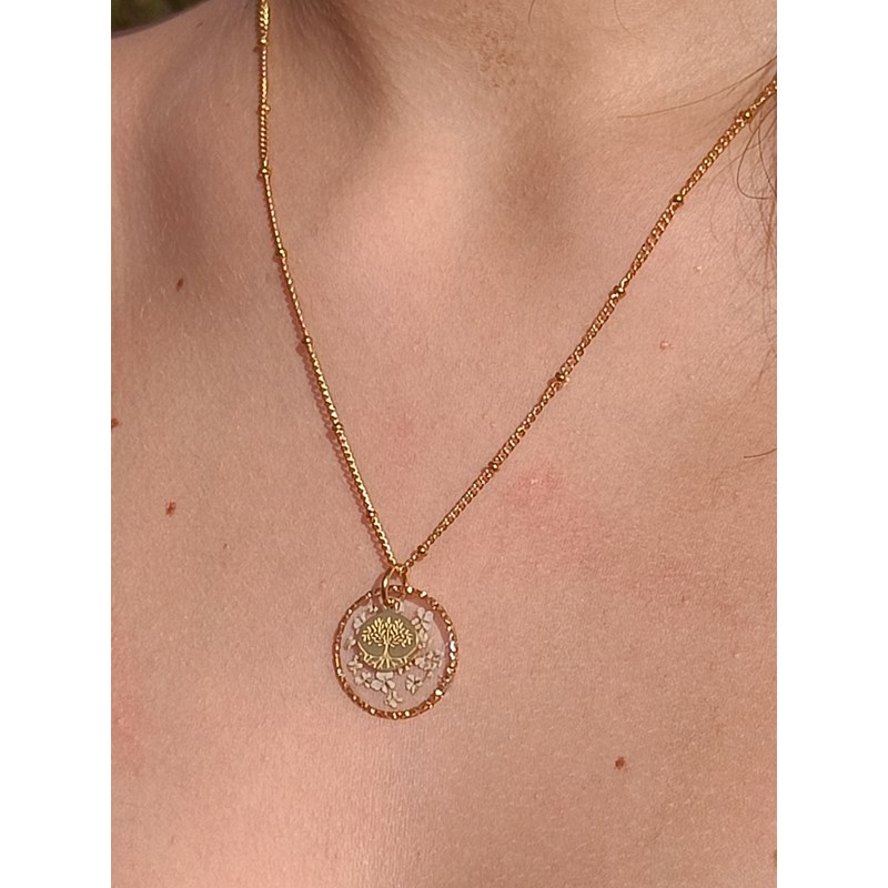 Collier artisanal en acier inoxydable fleurs séchées arbre de vie