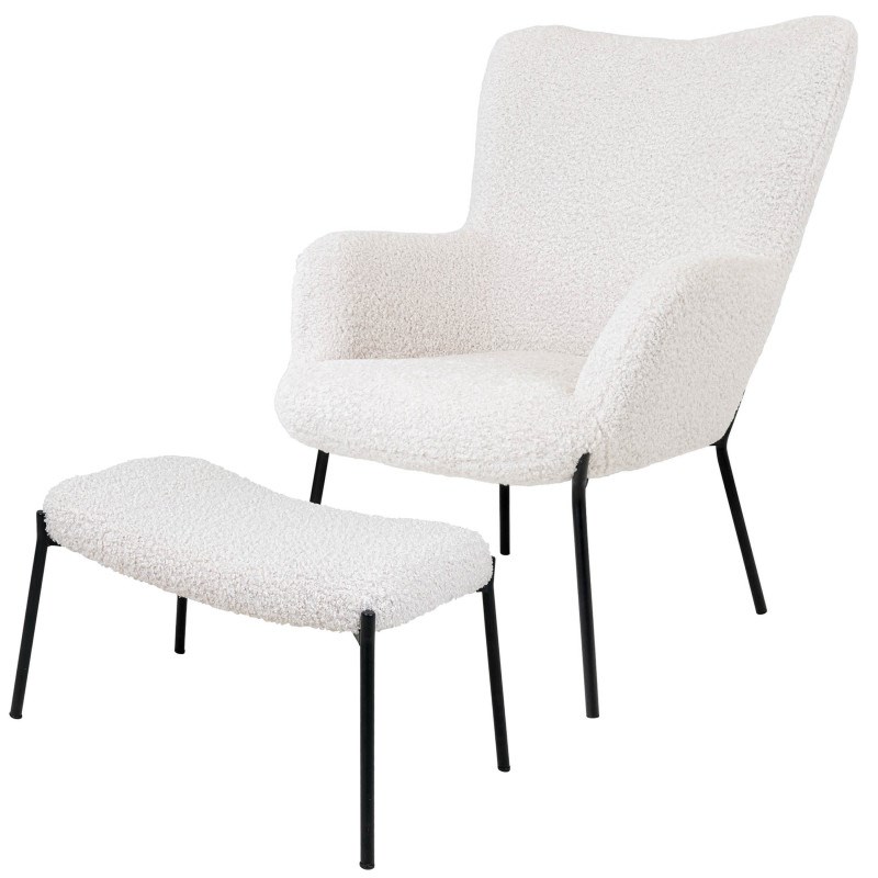 Boris-fauteuil et repose-pied vintage en tissu bouclé écru