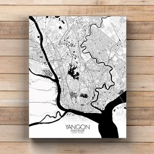 Yangon sur toile city map n&b