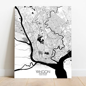 Yangon sur toile city map n&b
