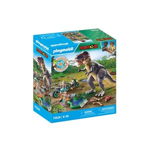 Explorateur avec moto et tyrannosaure