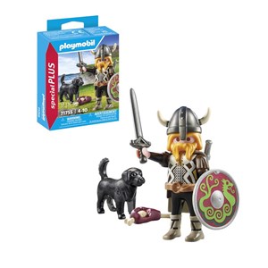Viking avec chien, bouclier et armes