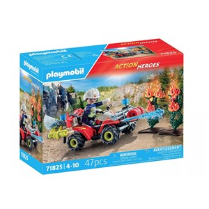 Pompier quad et arbustes enflammés