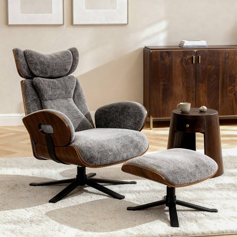 Fauteuil et repose pieds tissu gris foncé et bois