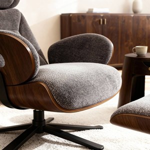 Fauteuil et repose pieds tissu gris foncé et bois
