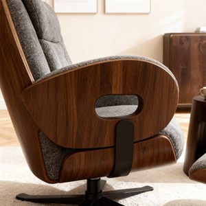 Fauteuil et repose pieds tissu gris foncé et bois