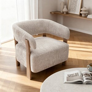 Fauteuil en tissu écru et bois