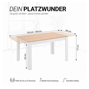 Table extensible 135x86 cm blanc