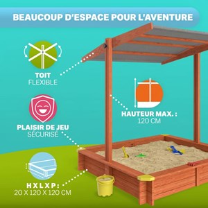 Bac à sable sami 120x120 cm en bois avec toit uv50