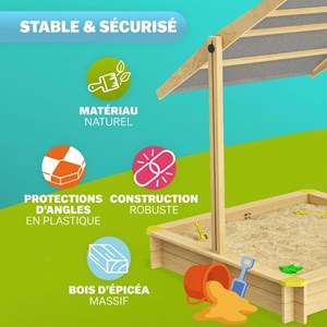 Bac à sable samu 120x120 cm en bois avec toit uv50