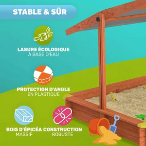 Bac à sable max 140x140 cm en bois avec toit uv50