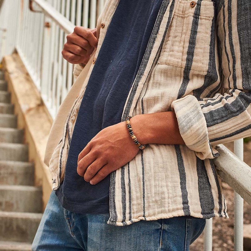 Mâle Fringué - Bracelet homme en bois et oeil de tigre