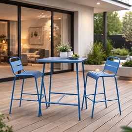 Bergame ensemble table de bar et 2 chaises hautes d'extérieur bleu