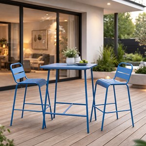 Bergame ensemble table de bar et 2 chaises hautes d'extérieur bleu